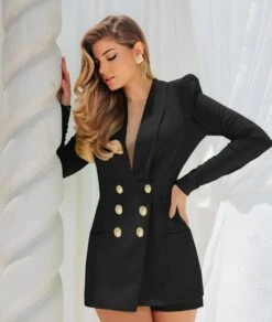 Vestito Donna Blazer Doppio Petto Scollo V Profondo Spalline Bottoni Elegante Sensuale -Lindavi Negozio 10.50MERYBLACKDRESS