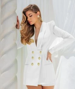 Vestito Donna Blazer Doppio Petto Scollo V Profondo Spalline Bottoni Elegante Sensuale -Lindavi Negozio 10.50MERYWHITEDRESS