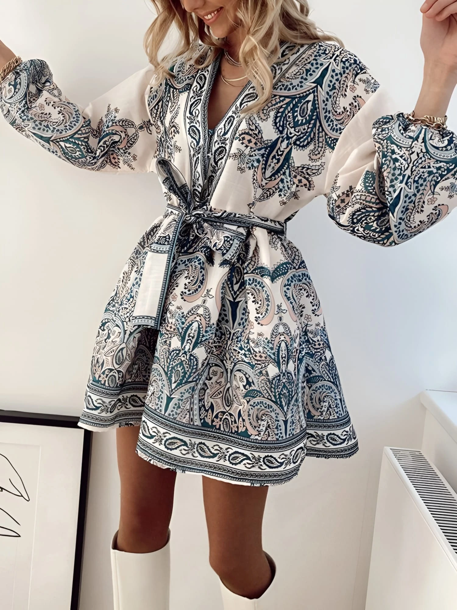 Vestito Donna Morbido Scollo V Manica Sbuffo Cintura Casual Elegante 1 Vestito Donna Morbido Scollo V Manica Sbuffo Cintura Casual Elegante