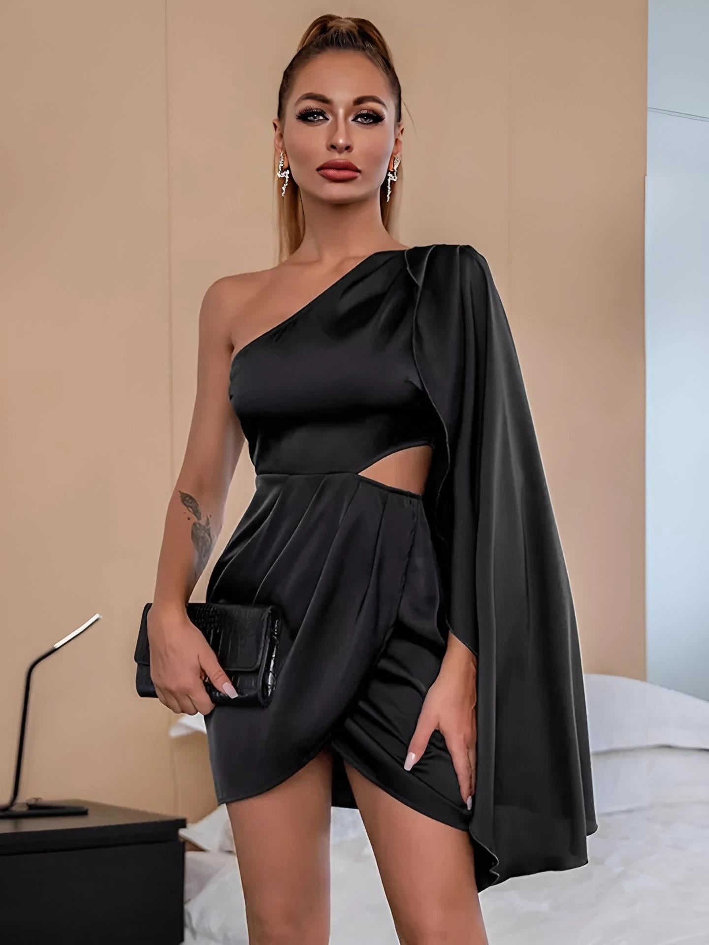 Vestito Donna Mono Spalla Cut Out Spacco Intreccio Morbido Sensuale Elegante 1 Vestito Donna Mono Spalla Cut Out Spacco Intreccio Morbido Sensuale Elegante