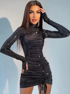 Vestito Donna Tubino Lurex Collo Alto Guanto Coulisse Drappeggiato Elegante Sensuale Aderente