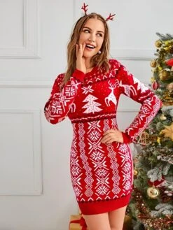 Vestito Donna Tubino Girocollo Fantasia Natale Comodo Aderente Caldo Casual