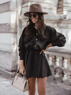 Vestito Donna Camicione Colletto Bottoni Coulisse Gonna Campana Casual Elegante -Lindavi Negozio 11.50batbcouli