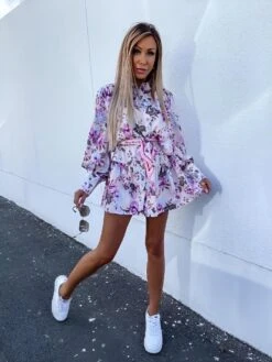 Vestito Donna Camicione Fantasia Fiori Manica Sbuffo Casual Elegante Cintura