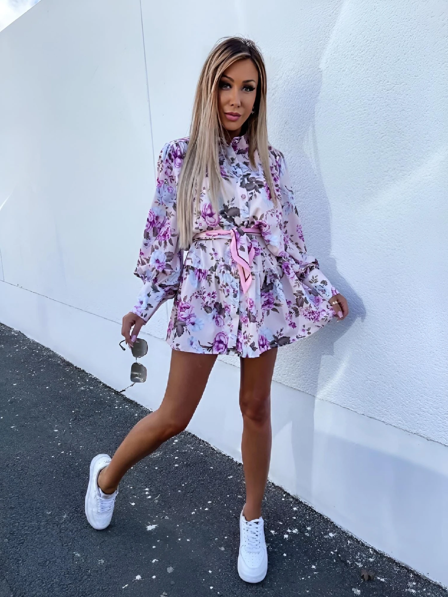 Vestito Donna Camicione Fantasia Fiori Manica Sbuffo Casual Elegante Cintura 1 Vestito Donna Camicione Fantasia Fiori Manica Sbuffo Casual Elegante Cintura