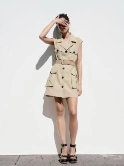 Vestito Donna Blazer Bottoni Giromanica Cintura Tasche Scollo A V Comodo