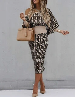 Vestito Donna Longuette Manica Sbuffo Fantasia Bicolore Casual Elegante Sensuale