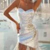 Vestito Donna Tubino Scollo Cuore Bretelle Frange Paillettes Sensuale Elegante
