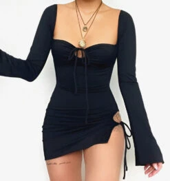 VICTOR Vestito Donna Scollo Cuore Manica Lunga Campana Spacco Coulisse Elegante Casual Sensuale