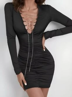 Vestito Donna Tubino Aderente Velluto Scollo V Lacci Incrociati Sensuale Elegante Casual