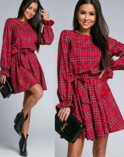 Vestito Donna Gonna Campana Fantasia Scozzese Cintura Casual Elegante Sensuale