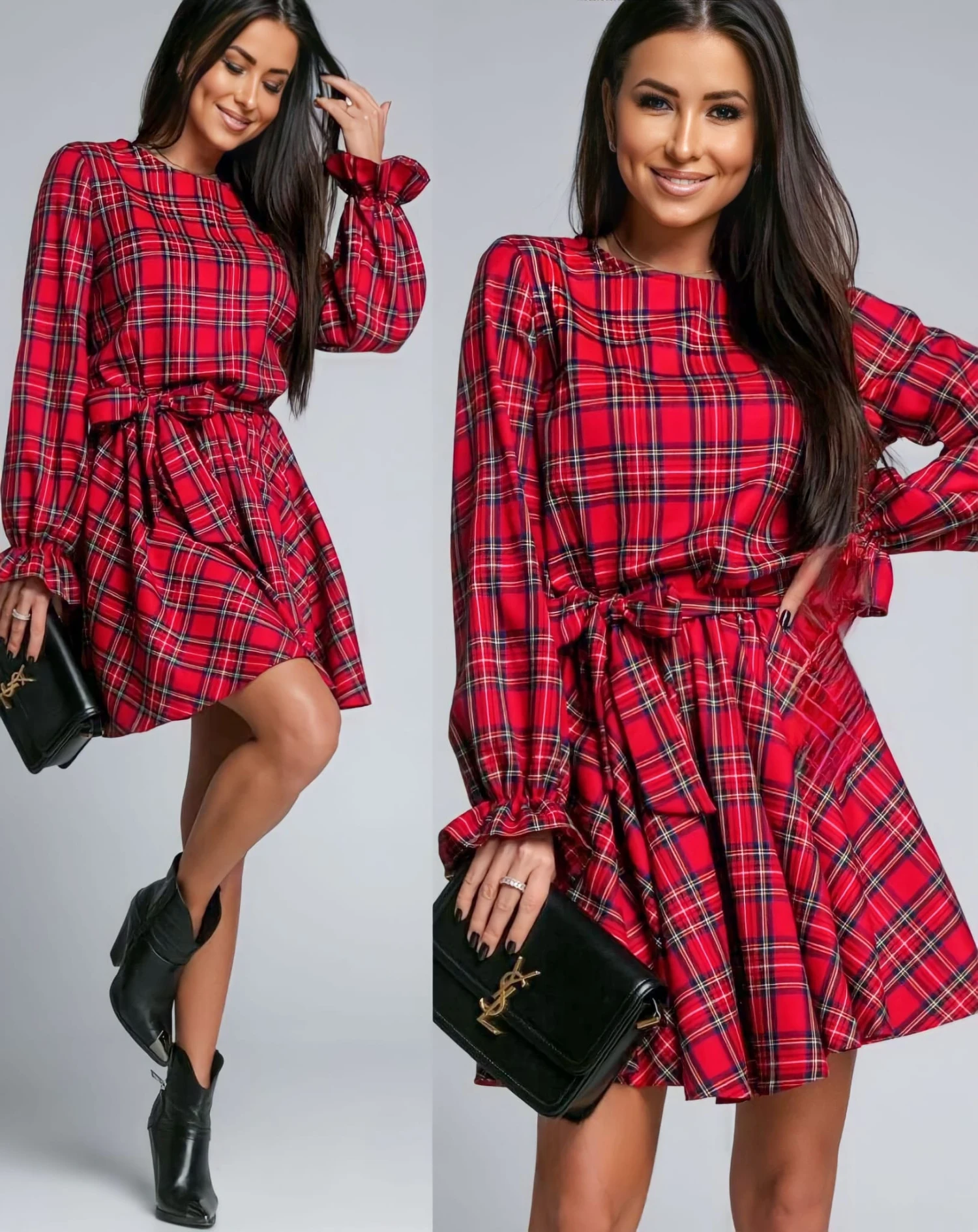 Vestito Donna Gonna Campana Fantasia Scozzese Cintura Casual Elegante Sensuale 1 Vestito Donna Gonna Campana Fantasia Scozzese Cintura Casual Elegante Sensuale