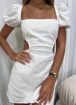 Vestito Donna Sangallo Cut Out Spalla Sbuffo Schiena Scoperta Casual Elegante