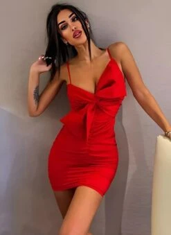 Vestito Donna Tubino Scollo Cuore Fiocco Arricciato Elegante Sensuale