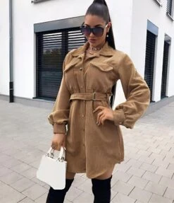 Vestito Donna Camicione Velluto Cintura Bottoni Manica Sbuffo Casual Elegante