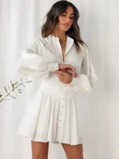 Vestito Donna Manica Sbuffo Gonna Campana Plissé Bottoni Bustier Elegante Sensuale