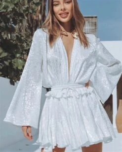 Vestito Donna Morbido Gonna Scollo V Manica Campana Volant