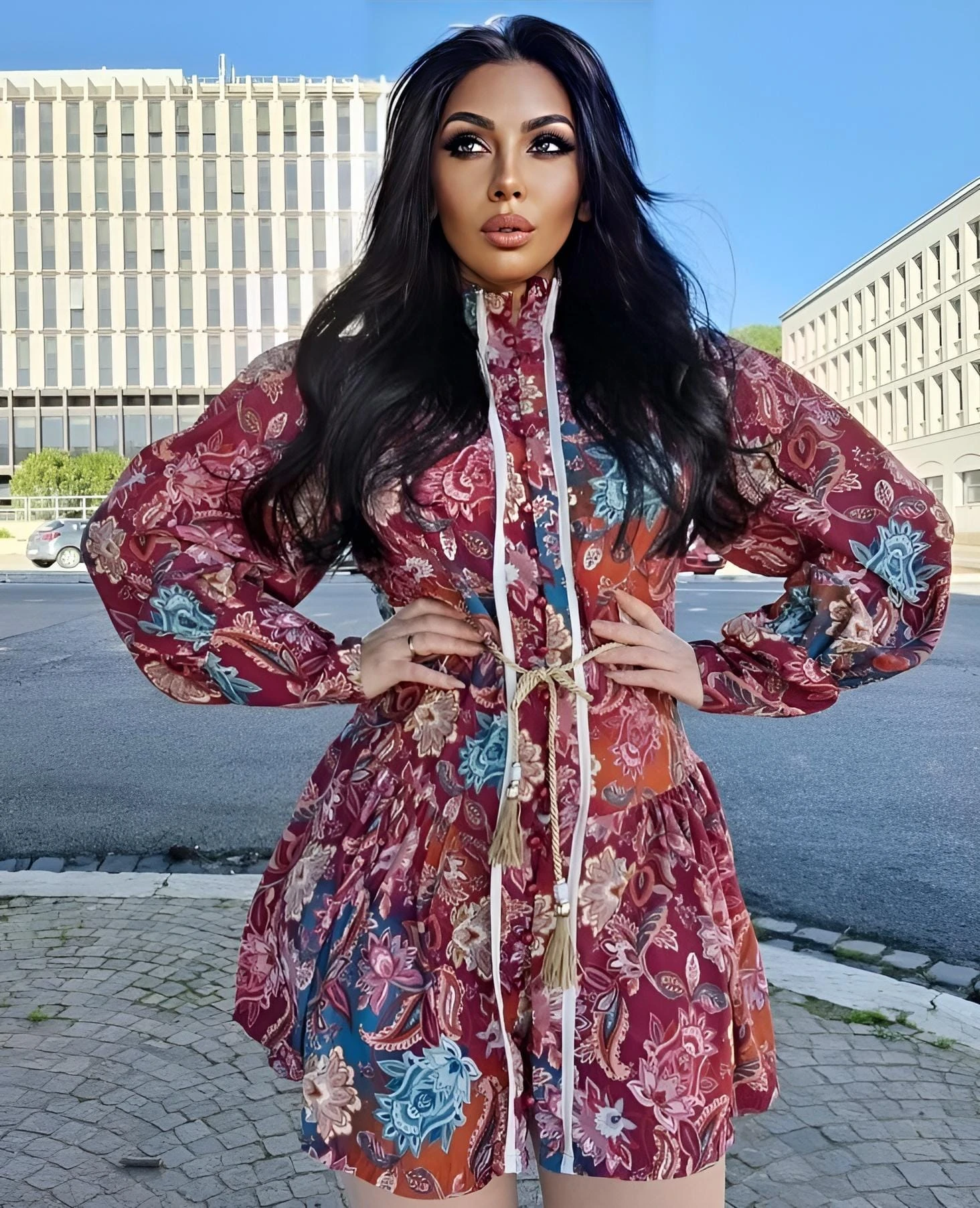 Vestito Donna Morbido Bottoni Manica Sbuffo Fantasia Fiori Cintura Corda Nappine Casual Elegante 1 Vestito Donna Morbido Bottoni Manica Sbuffo Fantasia Fiori Cintura Corda Nappine Casual Elegante