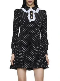 Vestito Donna Morbido Pois Bicolore Bottoni Gonna Campana Elegante