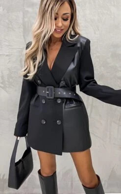 Vestito Donna Blazer Scollo V Cintura Ecopelle Bottoni Fibbia Casual Elegante