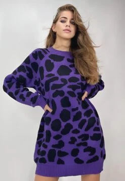 Linda Vestito Donna Maxi Pull Girocollo Fantasia Maculato Bicolore Casual Comodo Morbido