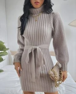 Vestito Donna Maxi Pull Collo Alto Cintura Manica Sbuffo Casual Elegante Caldo Comodo