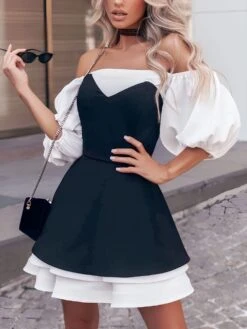 Vestito Donna Gonna Campana Bicolore Manica Sbuffo Rush Elegante Sensuale