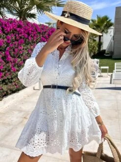 Vestito Donna Morbido Sangallo Bottoni Manica Sbuffo Gonna Campana