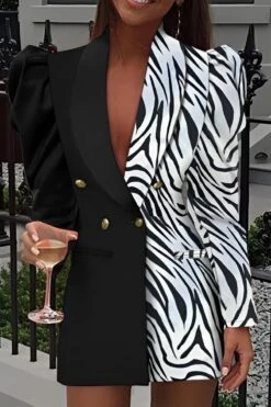 Vestito Donna Blazer Manica Sbuffo Bottoni Scollo V Profondo