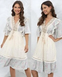 Vestito Donna Morbido Scollo V Merletto Nappine Gonna Campana