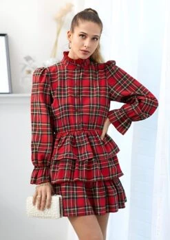 Vestito Donna Maniche Sbuffo Gonna Campana Fantasia Scozzese Volant Casual Elegante