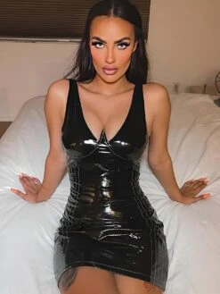 Vestito Donna Tubino Scollo Cuore Bretelle Vernice Sexy