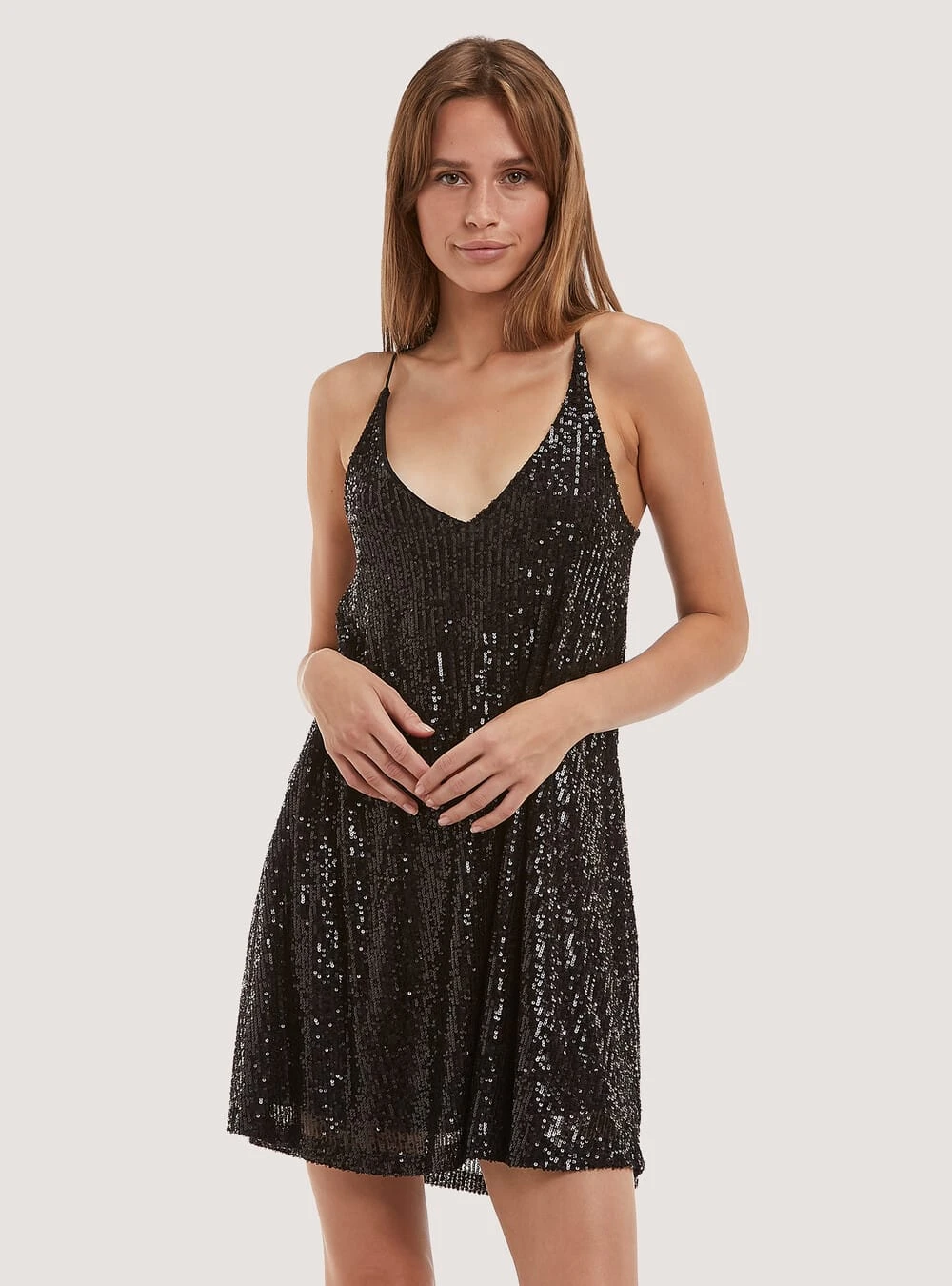 Vestito Donna Morbido Bretelle Scollo V Monocolore Paillettes Elegante Sensuale 1 Vestito Donna Morbido Bretelle Scollo V Monocolore Paillettes Elegante Sensuale