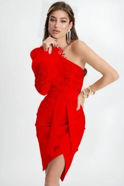 Vestito Donna Tubino Mono Spalla Piume Paillettes Spacco Fiocco Elegante Sensuale -Lindavi Negozio 17.50bonbon