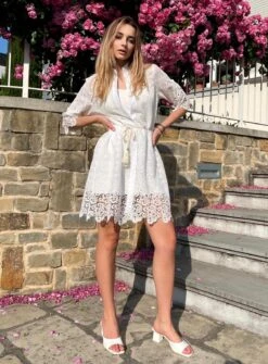 Linda Vestito Donna Scamiciato Bottoni Merletto Pizzo Monocolore Nappine Casual Elegante