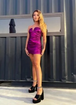 Vestito Donna Tubino Aderente Scollo Cuore Arricciato Lurex Elegante Sensuale