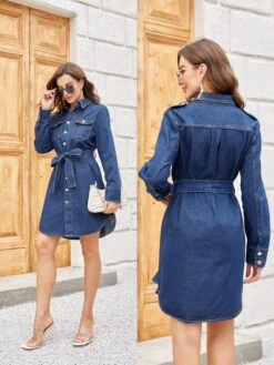 Vestito Donna Scamiciato Colletto Scollo V Bottoni Manica Lunga Jeans Cintura