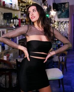 Vestito Donna Tubino Scollo Cuore Cut Out Rete Strass Elegante Sensuale