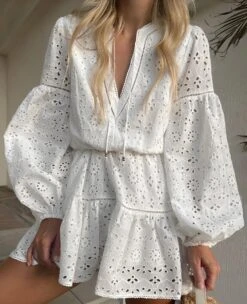 Vestito Donna Morbido Scollo V Manica Sbuffo Sangallo Coulisse