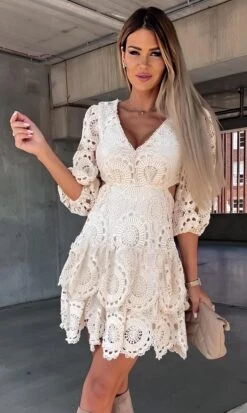 Vestito Donna Morbido Merletto Scollo V Cut Out Manica Sbuffo