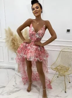 Linda Vestito Donna Morbido Campana Scollo Cuore Bretelle Fantasia Floreale Tulle Strascico Elegante