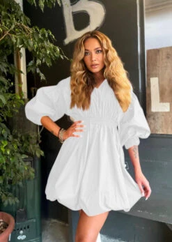 Vestito Donna Scollo V Manica Sbuffo Elastico Gonna Svasata Morbido Casual Elegante -Lindavi Negozio 19.00 ser