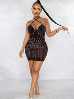 Vestito Donna Tubino Scollo Cuore Bretella Incrociata Schiena Scoperta Strass Elegante Sensuale