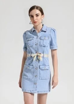 Vestito Donna Camicione Jeans Tasche Mezza Manica Cintura Foulard Bottoni Casual