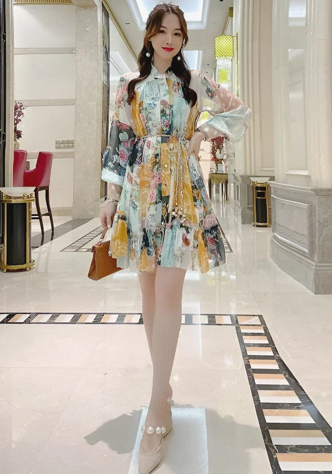 Vestito Donna Bottoni Colletto Manica Lunga Fantasia Multicolore Gonna Campana Tulle Elegante Sensuale 1 Vestito Donna Bottoni Colletto Manica Lunga Fantasia Multicolore Gonna Campana Tulle Elegante Sensuale