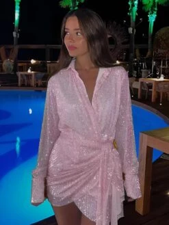 Vestito Donna Tubino Paillettes Scollo V Colletto Cintura Intrecciato Sensuale Elegante