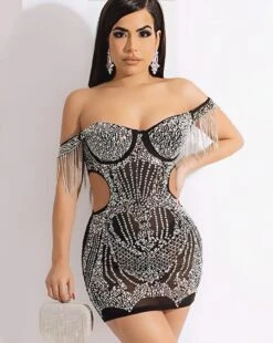 Vestito Donna Tubino Scollo Cuore Bretelle Frange Strass Cut Out Elegante Sensuale Aderente