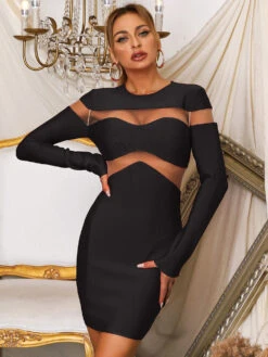 Vestito Donna Tubino Manica Lunga Velato Aderente Girocollo Elegante Sensuale