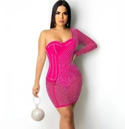 Vestito Donna Tubino Mono Spalla Scollo Cuore Strass Aderente Sensuale Elegante