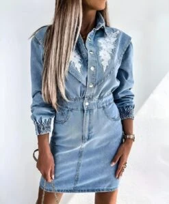 Vestito Donna Tubino Jeans Scollo V Bottoni Elastico Fantasia Casual Sensuale